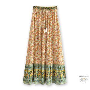 Soleil Yellow Camel Floral Boho Maxi Skirt, Fall Skirt, Hippie Gypsy Skirt